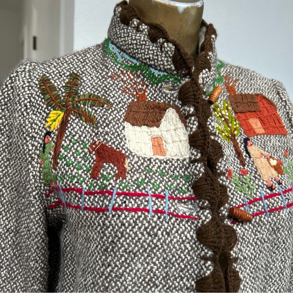 VTG Folk Art Embroidered Woven Wool Blazer Jacket By Frog a la Peche Designer - Picture 5 of 16